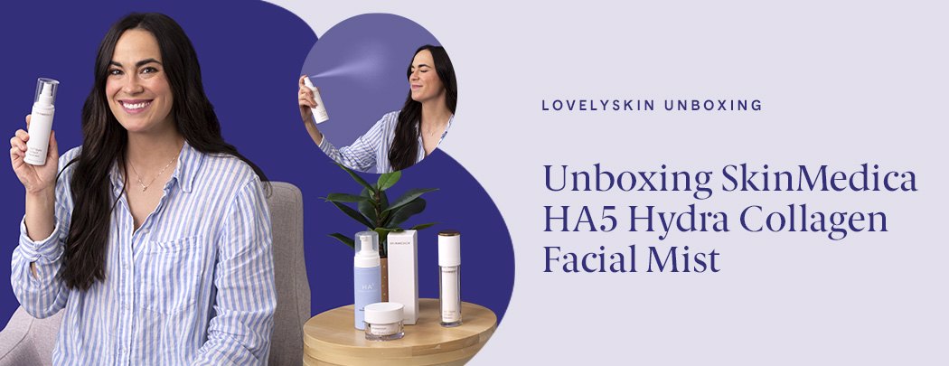A woman with an olive skin tone and dark brown hair holds a bottle of SkinMedica HA5 Hydra Collagen Facial Mist while smiling at the camera.