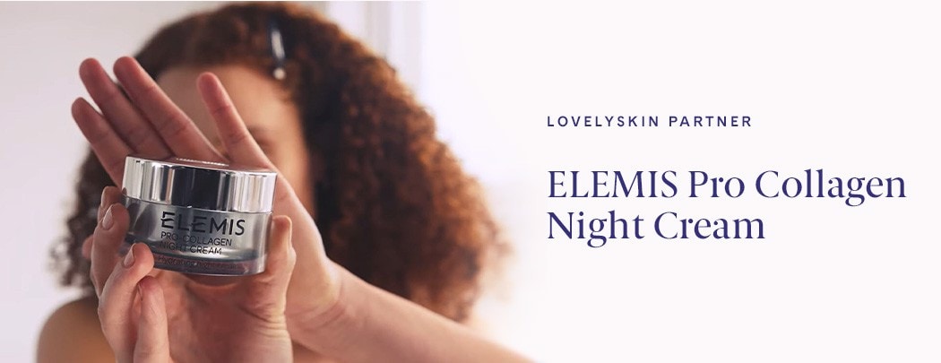 A black woman with curly hair holding a jar of ELEMIS Pro Collagen Night Cream in front of her outstretched palm.