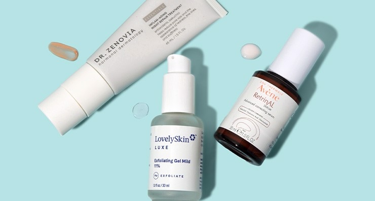 Dr. Zenovia, LovelySkin LUXE and Avene bakuchiol treatments on a light blue background