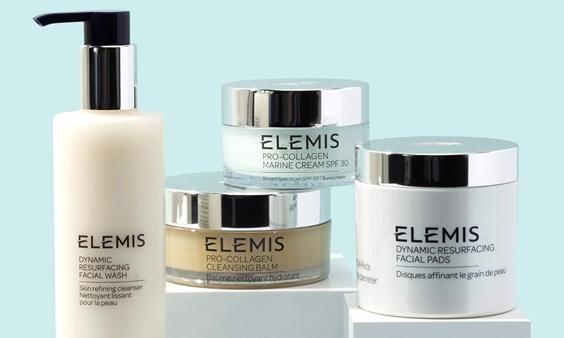 ELEMIS products placed on rectangular pedestals