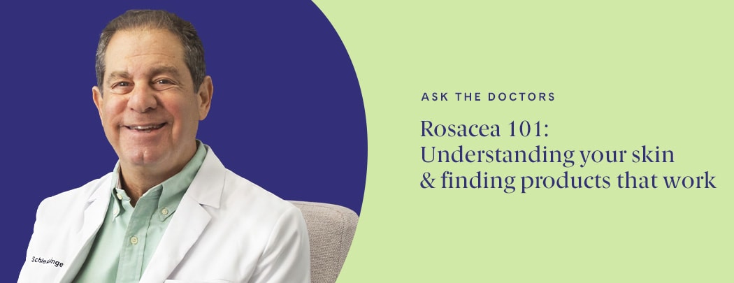 Dr. Joel Schlessinger, wearing a light green shirt and a white doctor jacket, smiles at the camera.