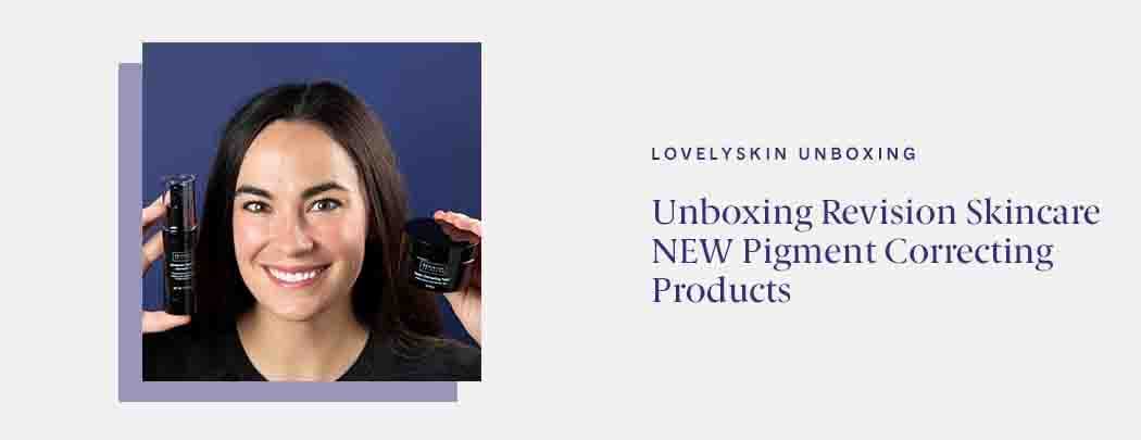 A woman with a light skin tone and dark hair holds Advanced Pigment Corrector+ and Tone+ Correcting Pads while smiling.