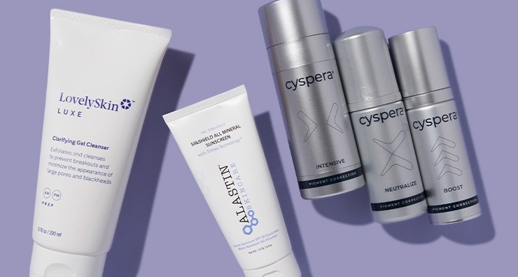 Cyspera Pigment Correction System, LovelySkin LUXE Clarifying Cleanser and ALASTIN Skincare sunscreen on a violet background