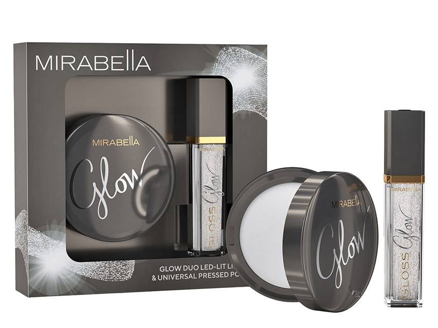 Mirabella Glow Duo LED-Lit Lip Gloss &amp; Universal Hyaluronic Pressed Powder - Limited Edition