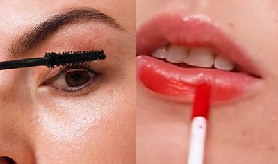 A woman holds a wand of the Ere Perez Avocado Waterproof Mascara to her eye and Beetroot Cheek & Lip Tint to her lip in a photo grid.