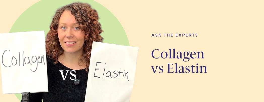 A woman with red curly hair smiles at the camera. She holds a sign in her right hand that says "collagen," and one in her left that says "elastin."