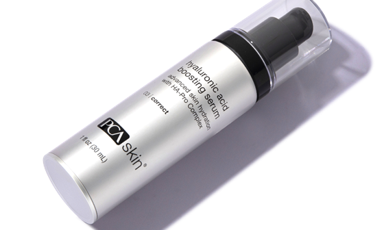 PCA SKIN Hyaluronic Acid Boosting Serum in a silver bottle.